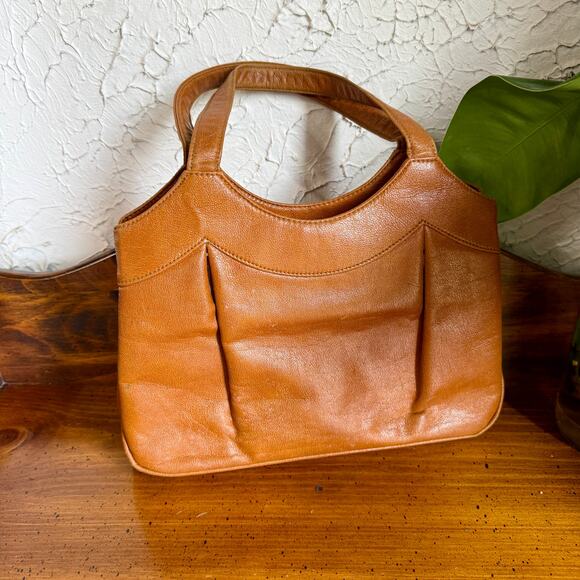 None Handbags - Vintage 60s 70s Tan Top Handle Handbag Structured Mod Purse Caramel Brown Frame